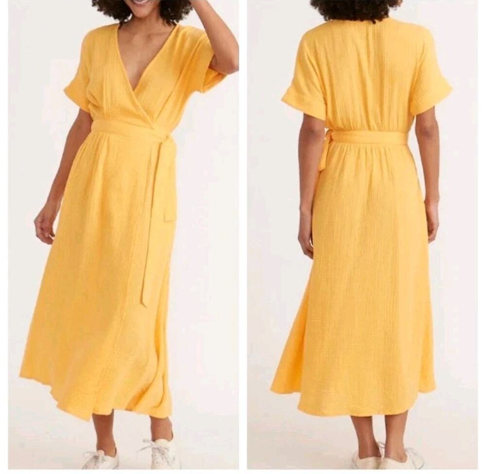 Marine Layer Double Gauze Wrap Maxi Dress Cotton Yellow Short Sleeve Size Medium